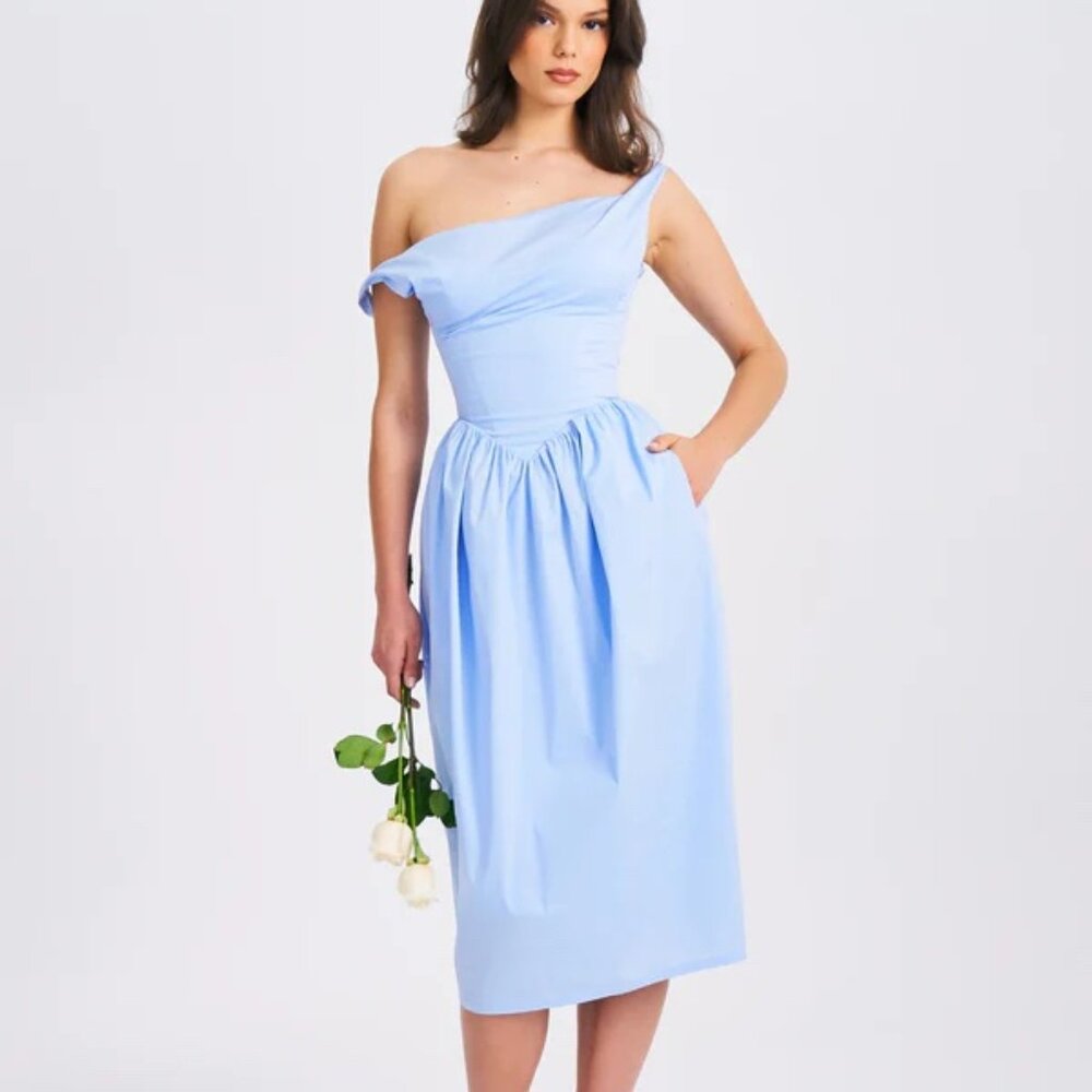 Reina Blue Drop Waist Corset Midi Dress